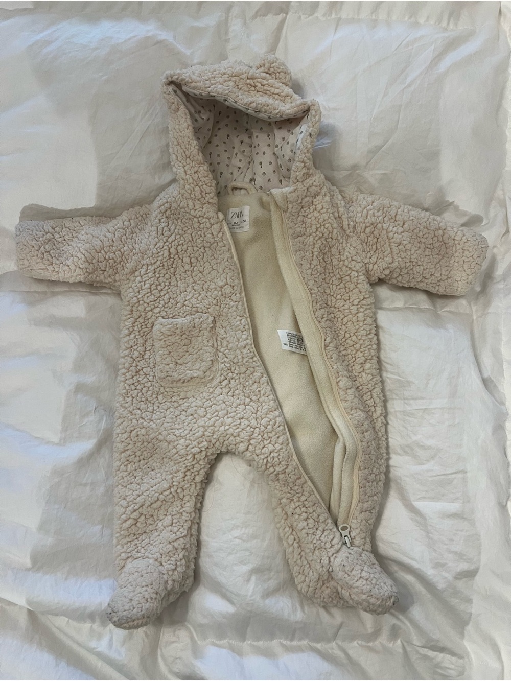 Zara Cream Sherpa Hooded Baby Footed One-Piece